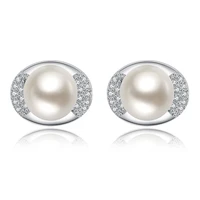 new round shape imitation pearl cubic zirconia earrings female silver color jewelry vintage stud earring for women gifts c104