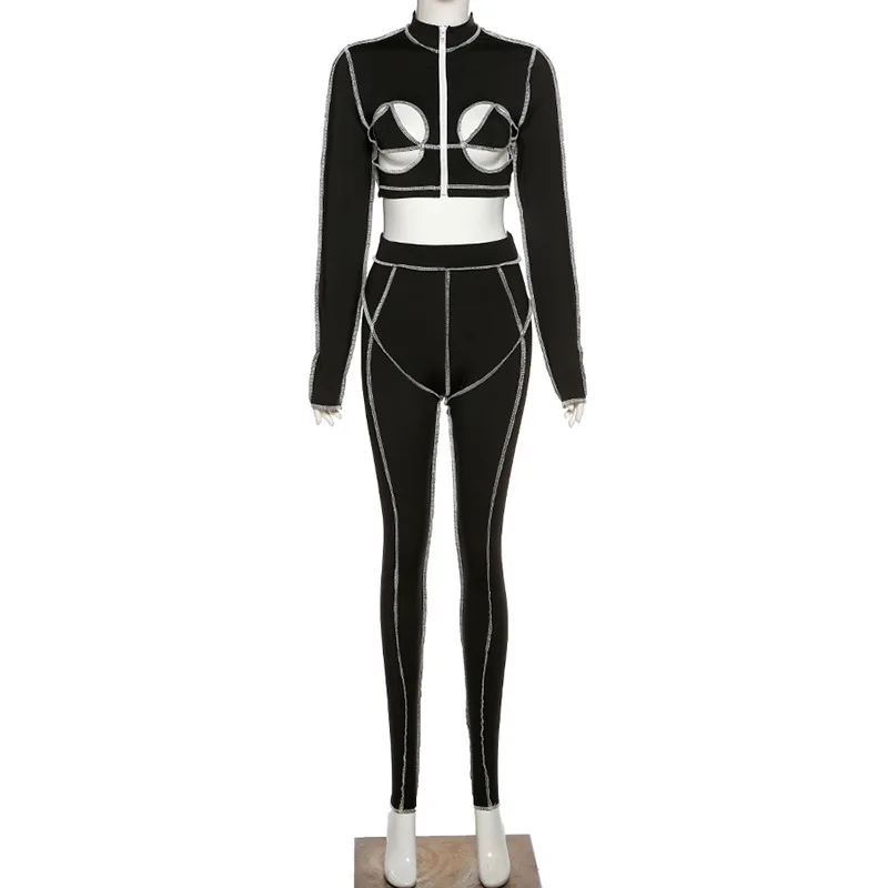 

Patchwork Cut Out Bodycon 2 Piece Sets Womens Outfits Loungewear Stand Collar Zipper Crop Tops and Leggings Club Sweat Suit