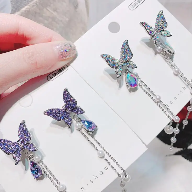 

Золотые фиолетовые серьги-бабочки, полностью алмазные жемчужины, длинные серьги-кисточки, универсальные ювелирные изделия