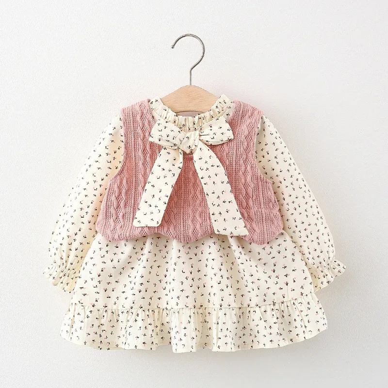 

2021 Spring Clothes for Newborns New Long Sleeve Dress Vest Sets 1-4 Year Children Clothing Fashion Princess Dress for Girls