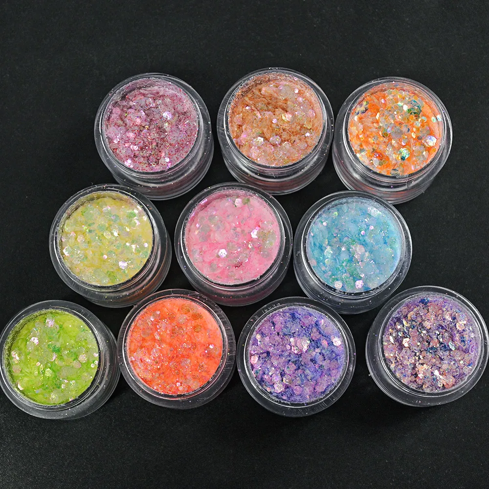 

50g/bag Mermaid Nail Art Sequin Mix Size Chameleon Chunky Glitter Powder 10 Colors DIY Flake Gradient Manicure Decoration TG#41