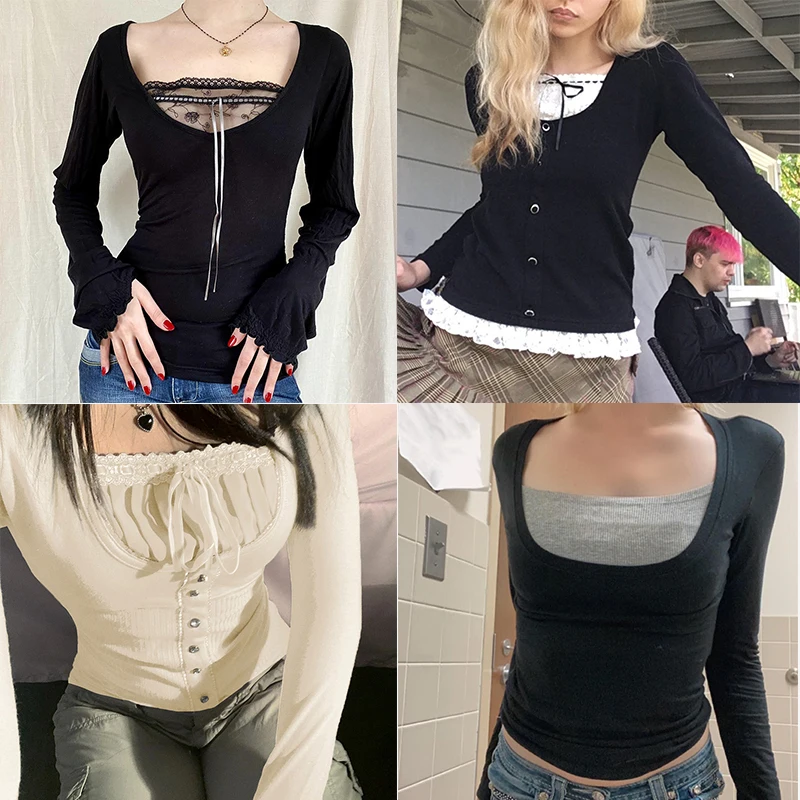 Goth Dark повседневные готические женские облегающие Осенние футболки Harajuku Kwaii с