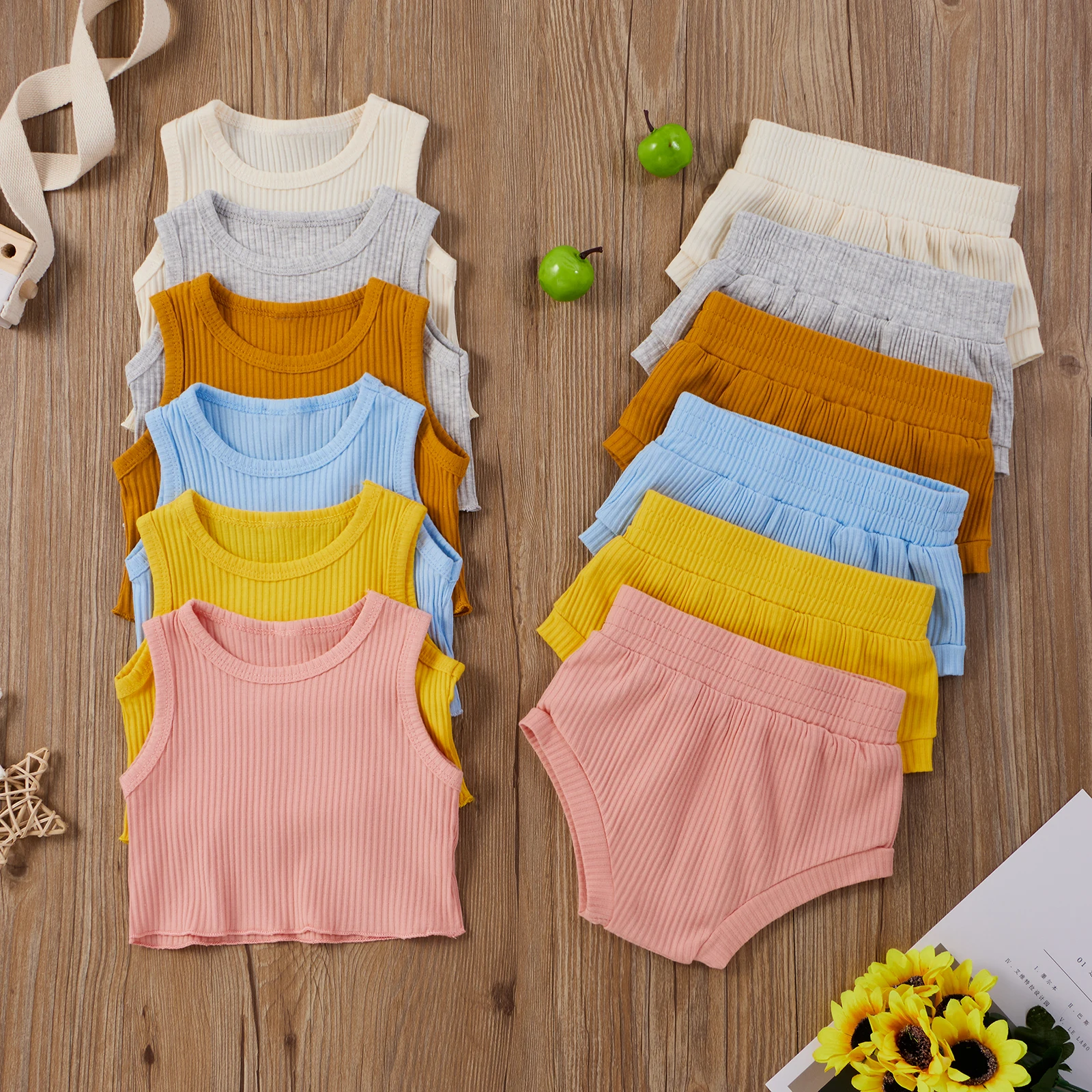 

0-12 Months Newborn Baby Boys Tops Shorts Two Piece Set Infant Girls Solid Color Ribbed Crew Neck Vest Elastic Waistband Shorts