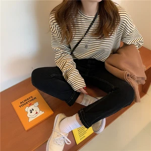 Женская Полосатая футболка, свободная, в японском стиле, в стиле Харадзюку