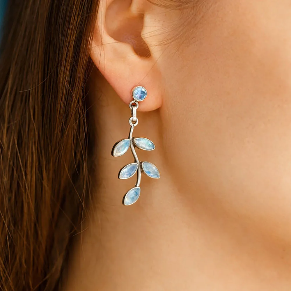 

Classic Flower Leaf Stud Earrings With Opal Natural Stone Long Earrings For Women Silver Jewelry Hanging Earring