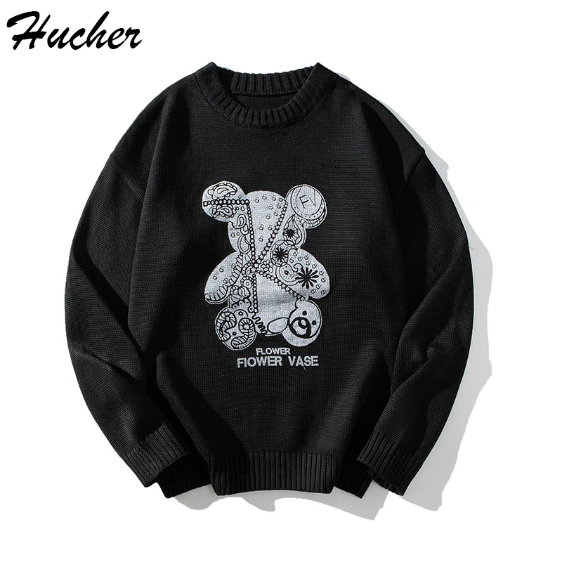 

Huncher Mens Knitted Vintage Pullover Sweater Men 2021 Winter Print Oversized Jumper Male Korean Style Fashion Sweaters For Men