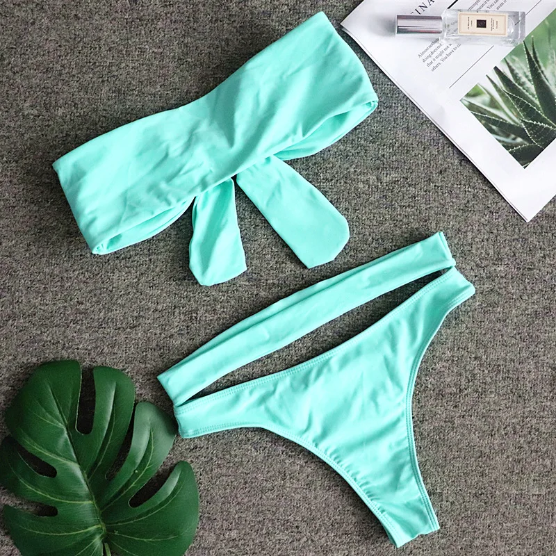 Женский купальник-бикини со стразами однотонный небесно-голубой купальник с