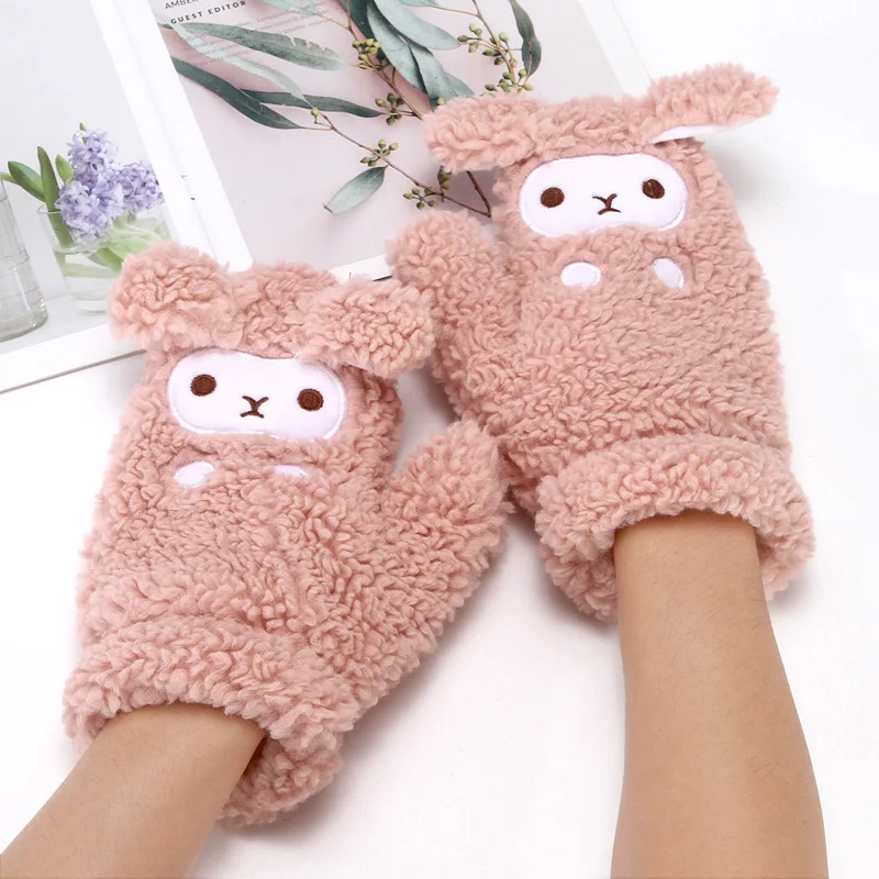 

1 Pair Cartoon Mittens Female Winter Warm Cute Halter-neck Gloves Plus Velvet Thickened Student Rabbit Fur Gloves Winter Gloves