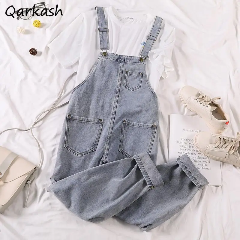 

Jumpsuits Women Blue Denim Simple New Preppy Ulzzang Fashion Solid Lady Ankle-Length Overalls Spring 2021 All-match High Street