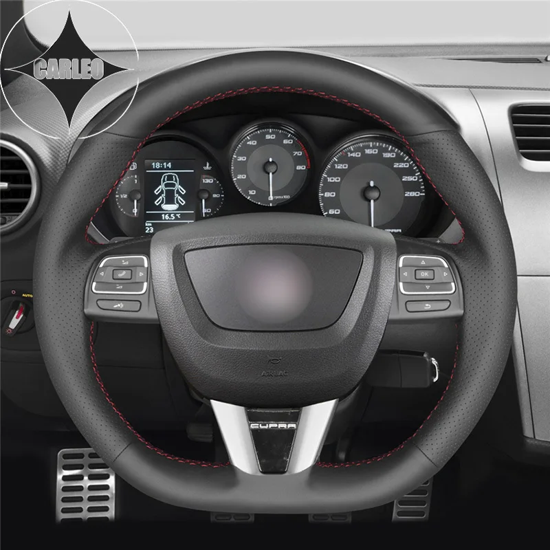 DIY Car Steering Wheel Cover for Seat Leon FR CUPRA MK2 1P 2009-2011 2012 Genuine Black Leather Hand Stitching Custom Holder
