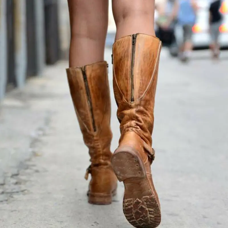 

Womens Knee High Flat Block Heel Biker Riding Winter Zip Boots Casual Shoes Size