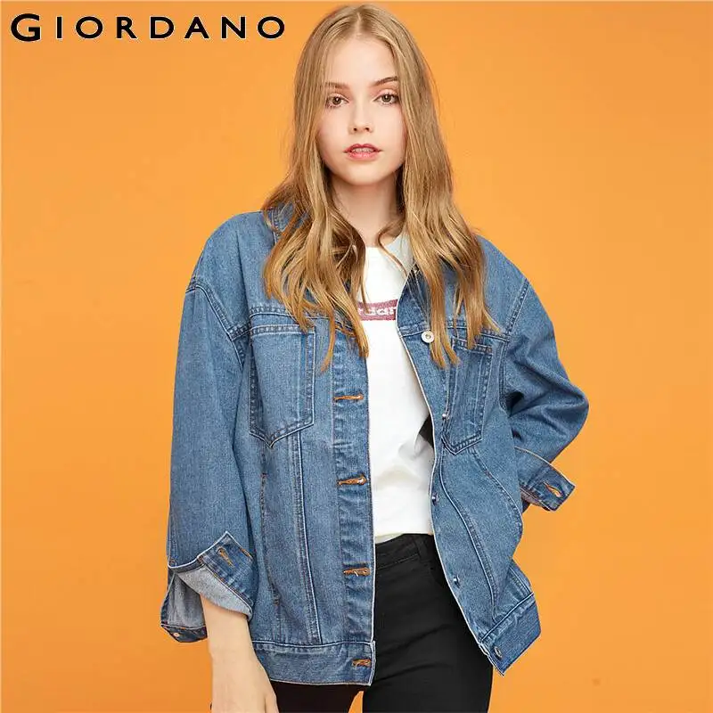 Женская джинсовая куртка карго Giordano с отложным воротником из 100% хлопка вышивкой