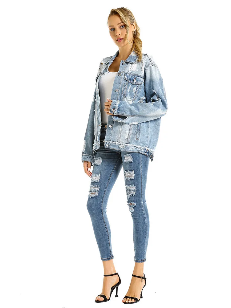 

Women Button Long Sleeve Pockets Denim Hole Open Front Jean Jacket Overcoat Tops