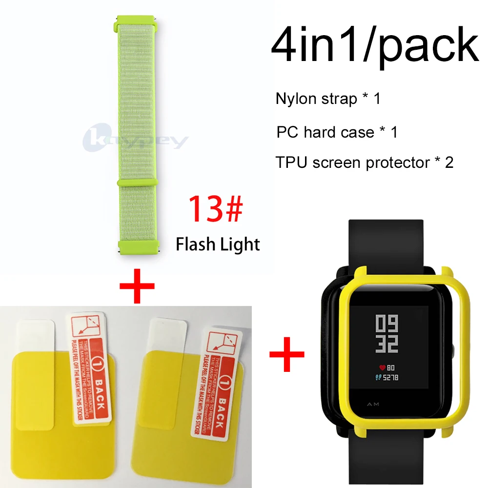 13-Yellow case 4в1 для Xiaomi Huami Amazfit ремешок bip браслет нейлоновая петля Smartwatch Браслет amazfit bip чехол с защитой экрана - Цвет: 13-Yellow case
