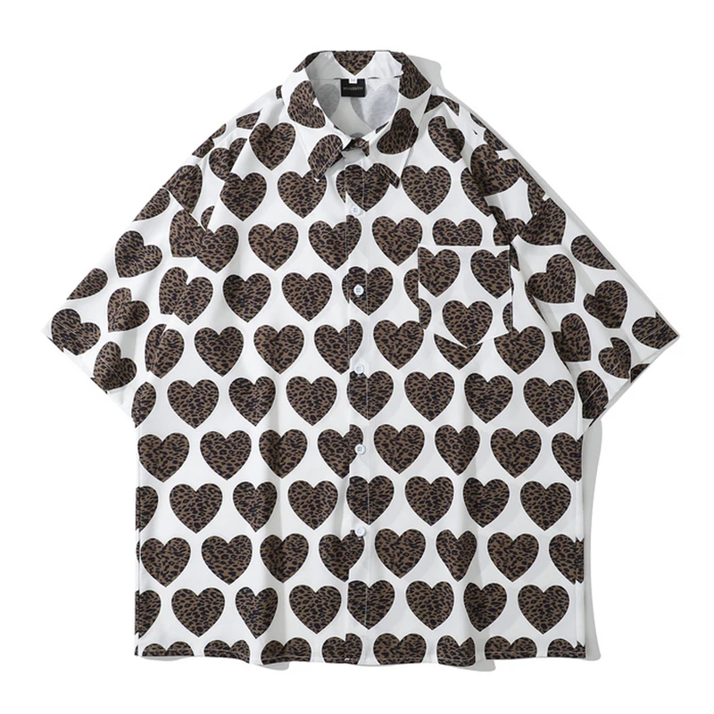 

Heart Print Women Summer Loose Blouse Turn Down Collar Short Sleeve Single Breasted Pocket Shirt Blouses Ladies Girls Streetwear