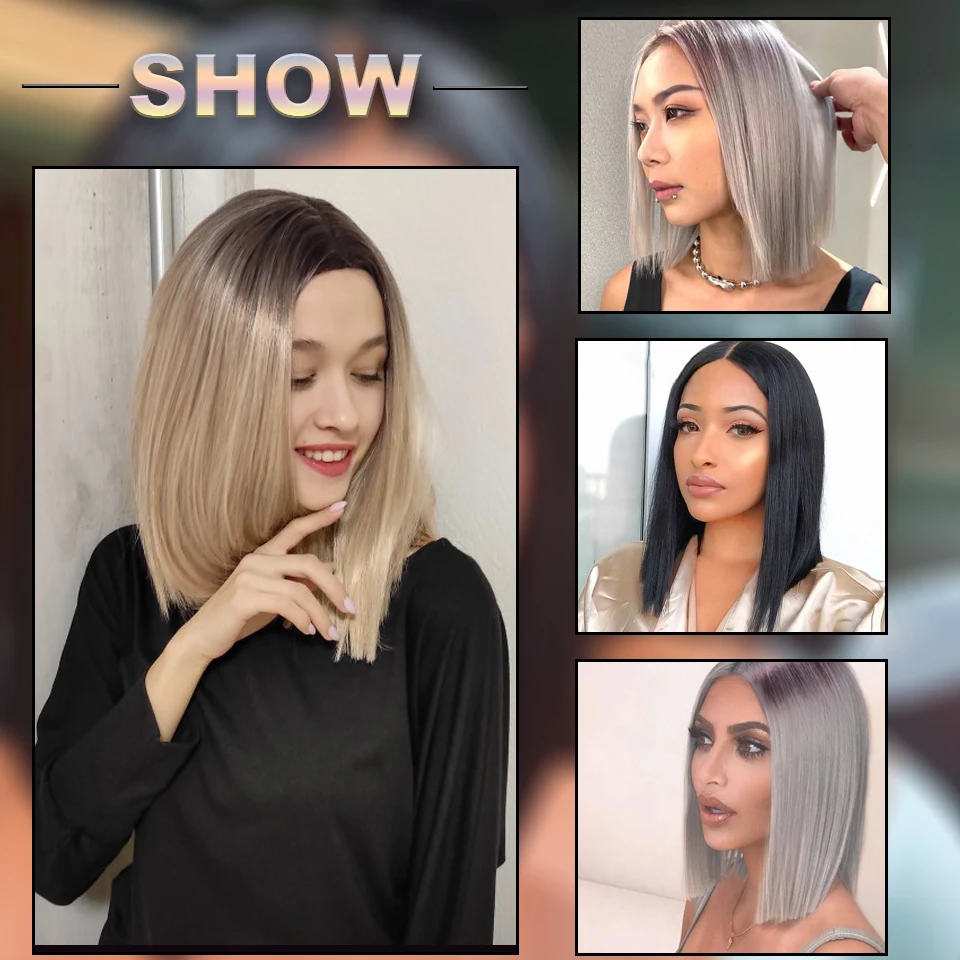 

NNZES 14 inches Synthetic Short Straight Ombre Blonde Bob Wig Black Ombre Grey Wigs for Women Middle Part Natural Wig