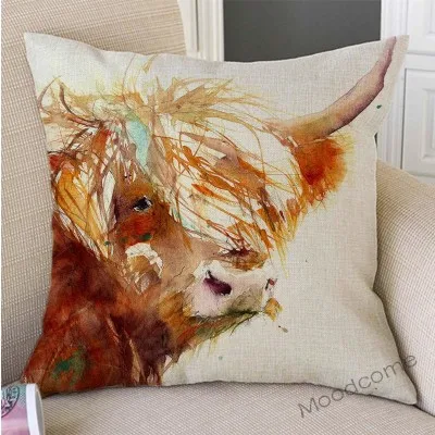 Акварель всплеск искусство шотланда Хайленд корова Як длинные волосы крупного рогатого скота диванная подушка чехол хлопок белье Наволочка домашний декор - Цвет: T171-4