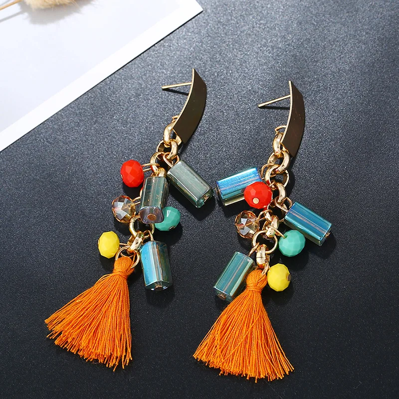 Модные новые женские серьги хрустальные подвески богемные длинные кисточки