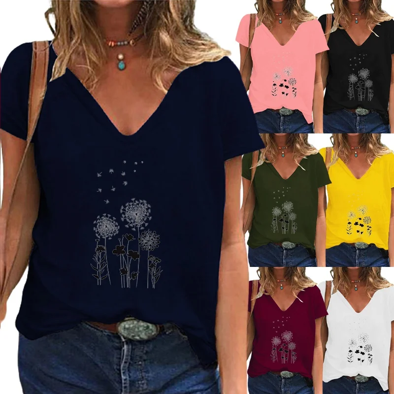 

Женская летняя футболка с принтом одуванчика, Повседневная футболка с коротким рукавом и V-образным вырезом, Свободный пуловер, блузка, топы