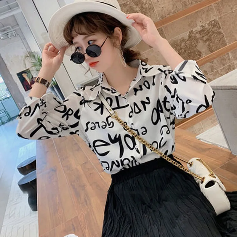

Women Autumn New Blouses Vintage Spring Autumn Tops Fashion Lapel Long Sleeve Letter Print Shirts Casual Plus Size Shirts Tops