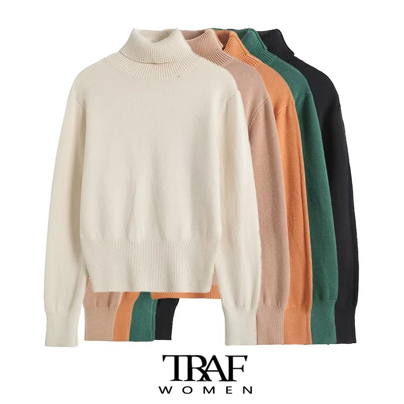 

TRAF Women Fashion Thick Warm Loose Knit Sweater Vintage High Neck Long Sleeve Female Pullovers Chic Tops