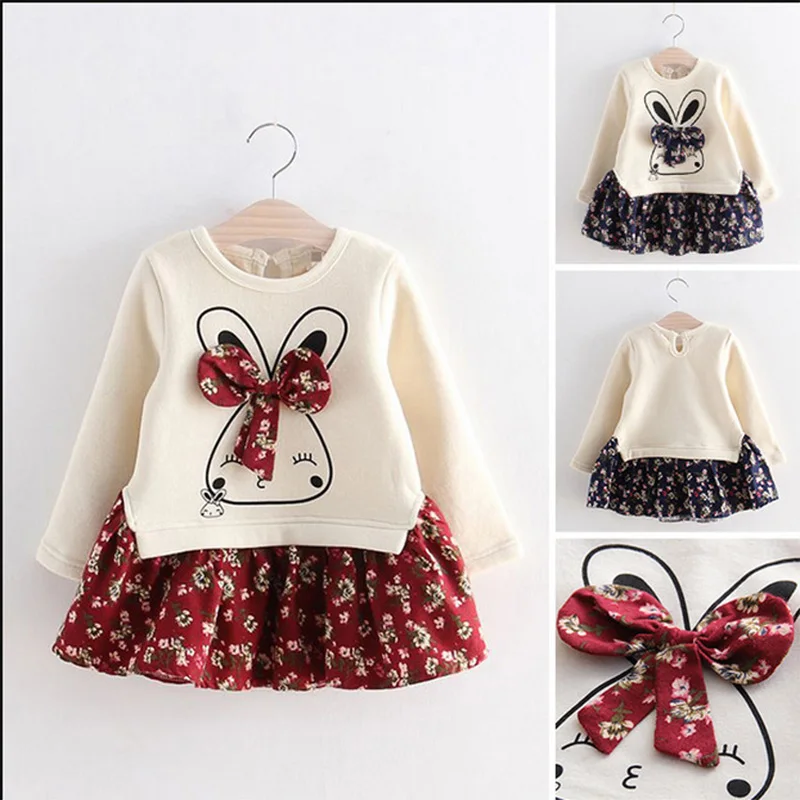 

Girls3-7 YearsOld Long Sleeve Dress Cartoon Rabbit Cotton Bow Floral Dress Children's Long Sleeve Thickened Top одежда девушки