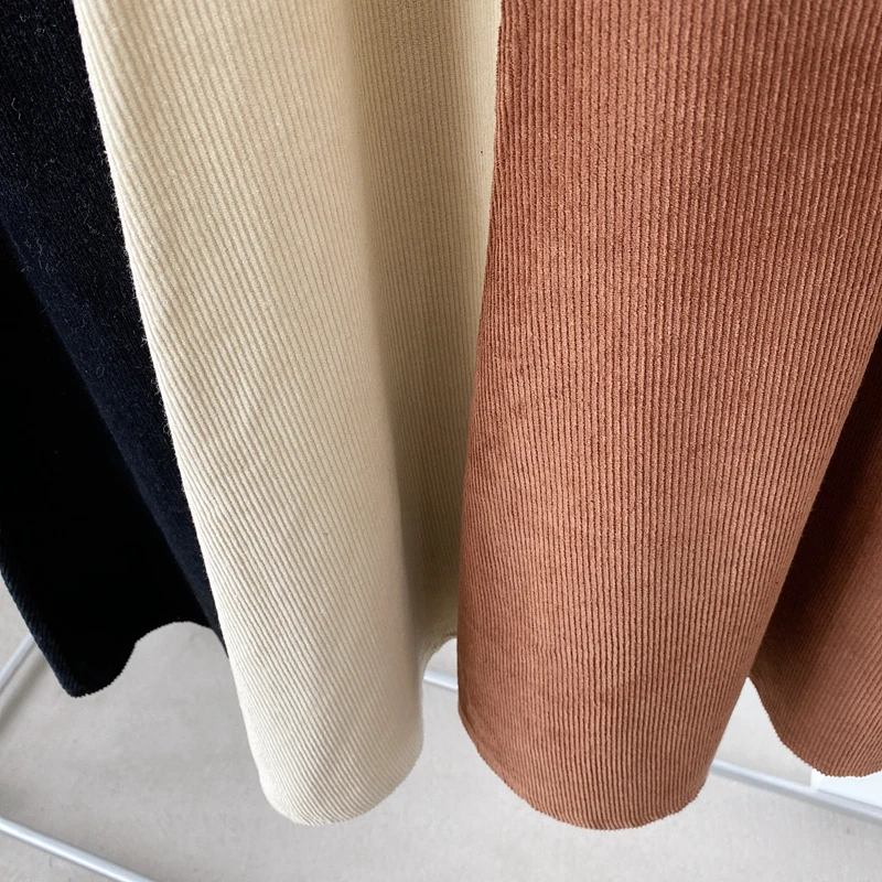 

Winter Solid A-line Corduroy Long Pleated Skirts Thick Velvet Preppy Calf Long Flared Skirts