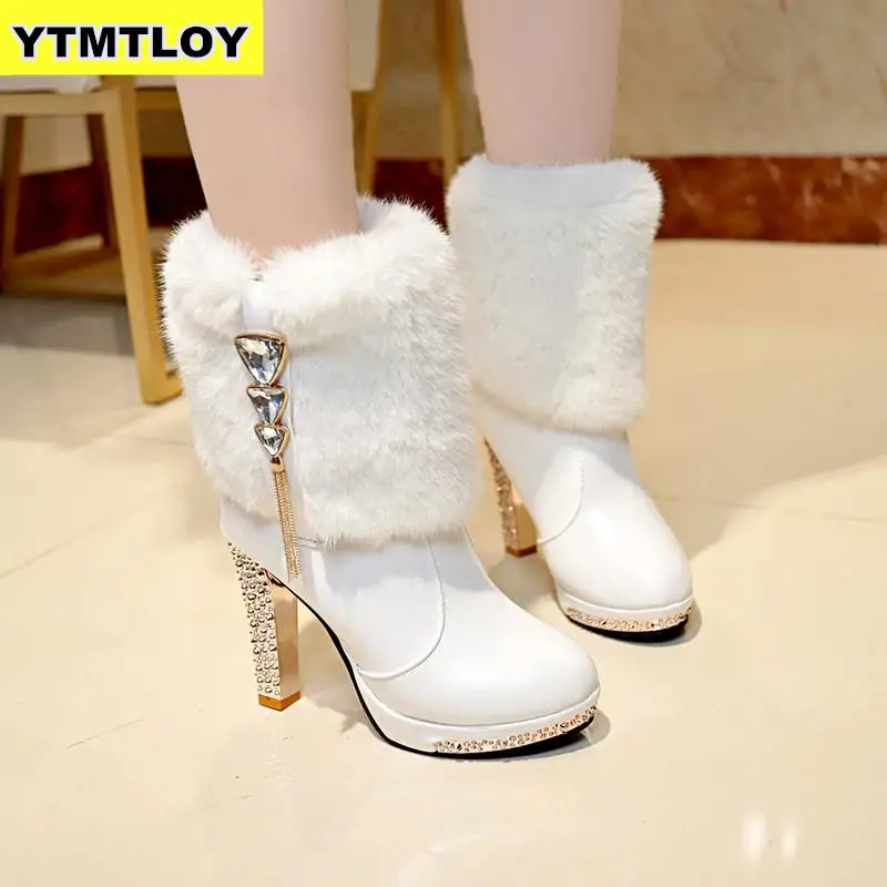 Сверкающем высоком каблуке сапоги с кроличьим мехом Женская обувь плюшевой