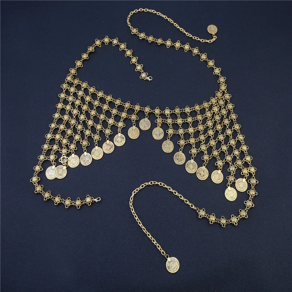 

Bohemian style exaggerated tassel hollow metal coin bra chain body chain Large Shining Beach Nightclub DJ Bikini Wholesale