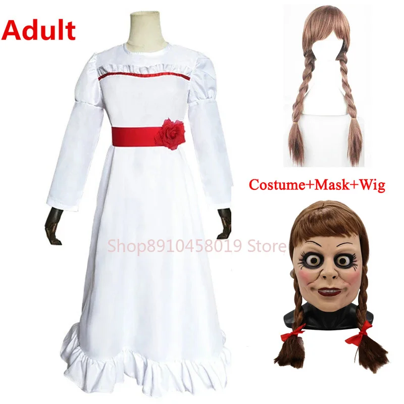 

Костюм для косплея фильма ConjingDoll Annabelle, костюмы для косплея, кукла-призрак, белое платье, юбка для женщин и девочек, Детский парик, парик, маск...
