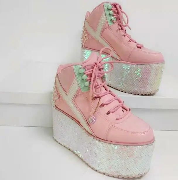 Girls Pink Retro 9 cm Height Increasing Thick Sole Platform 