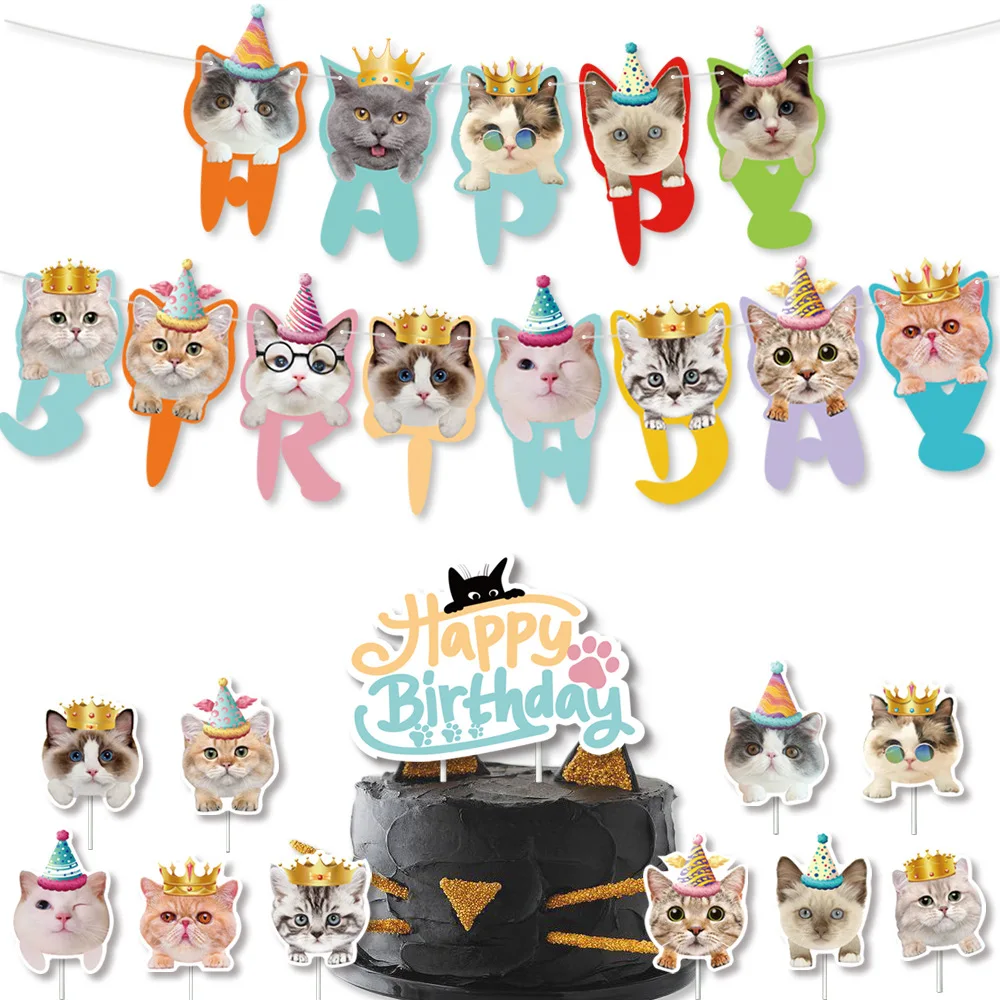 

Cute Pet Theme Pull Flag Cake Insert Card Meow Cat Birthday Party Pull Flag Pull Flower Dessert Table Decoration Insert Tag 2021