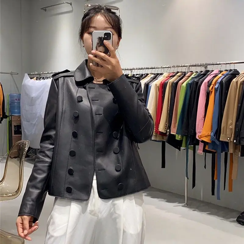 2022 new women sheepskin real leather jacket black camel Double-breasted Genuine Leather Coat for Women