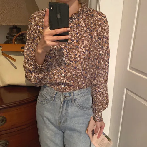

Korean Chic Elegant Light Mature Woman Romantic Floral Chiffon Shirt Gentle Wooden Ear Collar Single-Breasted Long Sleeve Top