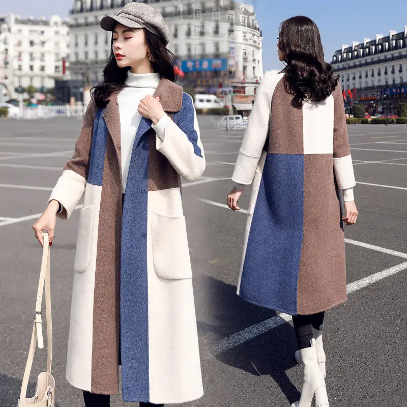 

Elegant Long Woolen Blend Coat Women Autumn Winter Plus Cotton Warm Wool Overcoat Female Korean Color Matching Wool Jackets 2185
