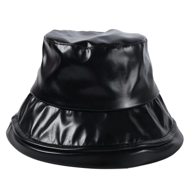 

Men And Women Flat Top Fisherman Hat 2019 Soft Faux Leather Bucket Hats Soft Light PU Hip Hop Caps Street Collapsible Sun Visors