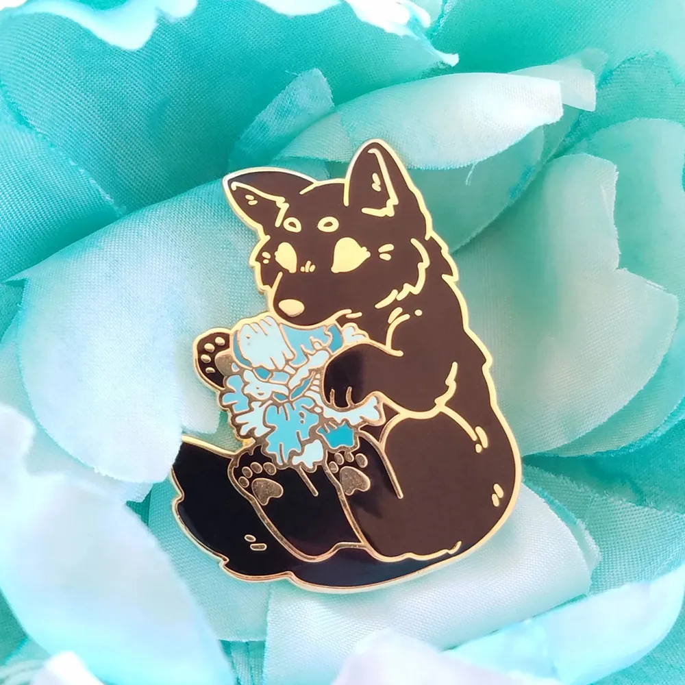 Cute Black Wolf Pup Sister Hold Flower Ball Hard Enamel Pin Kawaii Cartoon Blue Flowers Plant Brooch Backpack Jewelry Gifts 2021