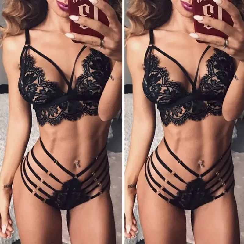

Womens Sexy Bra Set Floral Underwear Lace Ladies Strappy Black Brassiere Shorts