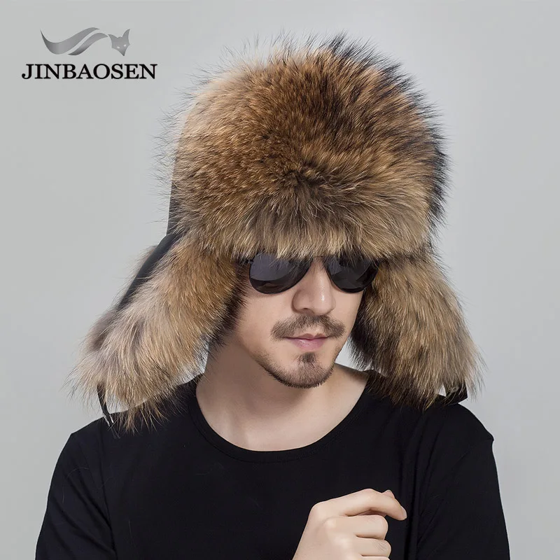 JINBAOSEN Russian leather leather bomber hat men's winter hat earphones earmuffs men's hats natural raccoon fur black fox hat