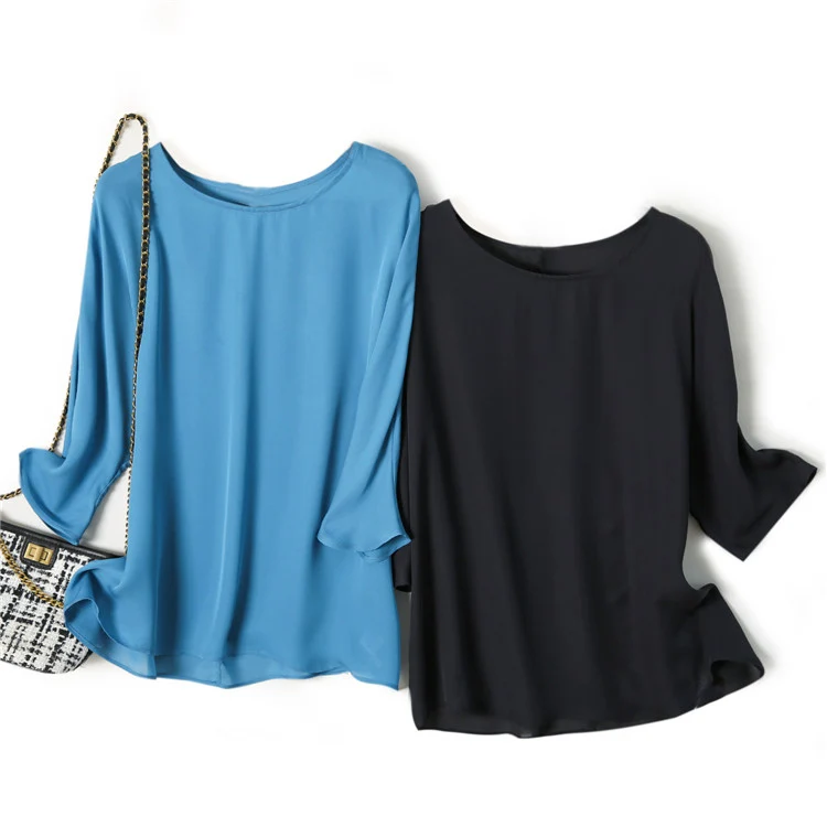 

Woman Solid Summer Blouses 100%Silk Crepe O Neck Half Sleeves Chic Blouse Shirts 2021 Top Black Blue