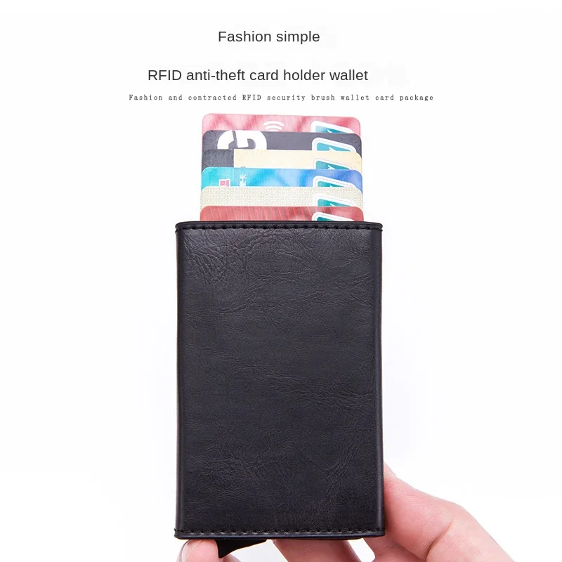 

Automatic card PU bag leather zipper card holder RFID anti-theft swiping credit card card box aluminum alloy card box wallet