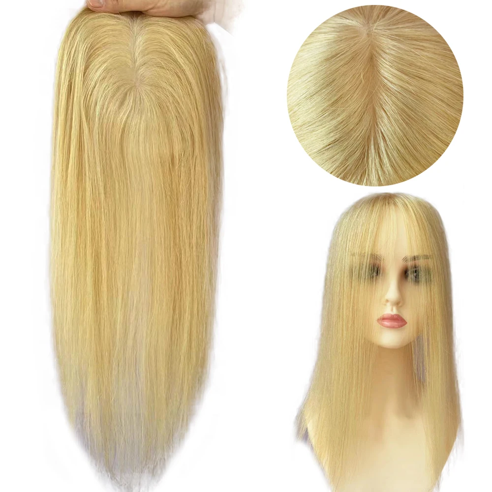 Clip en la parte superior del cabello humano para mujeres blancas, peluquín fino de seda Rubio n. ° 613, tupé Invisible de PU alrededor del cuero cabelludo