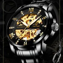 TEVISE Black Steel Watch Men Skeleton Automatic Mechanical Watches Fashion Man Clock Mens Top Brand 