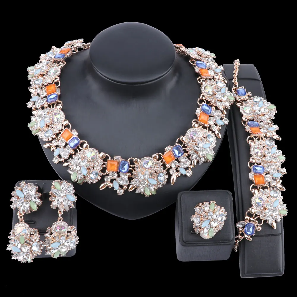

Luxury Bridal Gift Indian Wedding Crystal Jewelry Set Women Fashion Hot Dubai Gold Color Jewelry Set 5 Colors For Choice