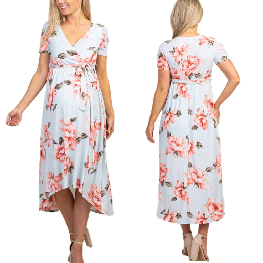 

2020 Fashion Summer Floral Dress For Pregnant Woman Casual V-neck Sundress Short Sleeve Flower Dress Outdoor Clothes