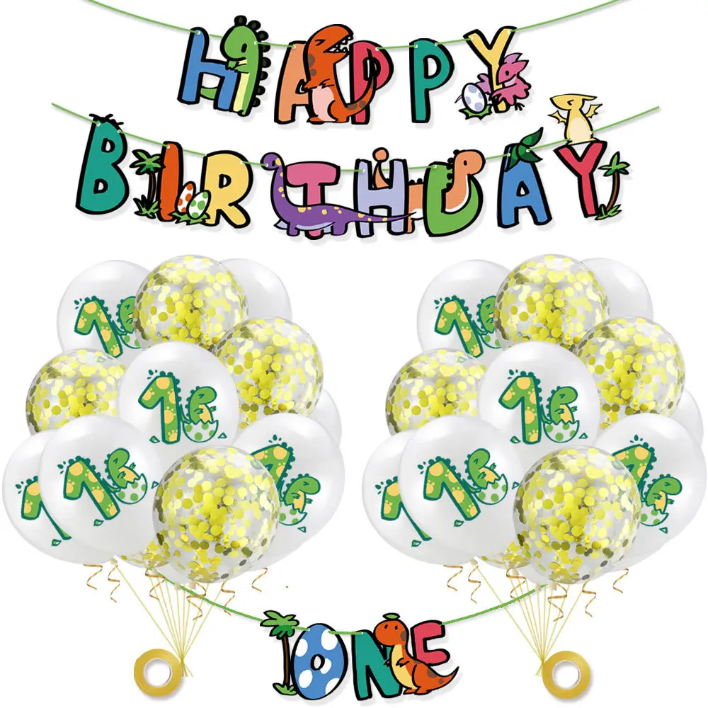 

Baby's 1 Year Old Party Decoration Balloons Set Happy Birthday Banner 12inch Confetti Globos Dinosaur Foil Aluminum Ballons Kit