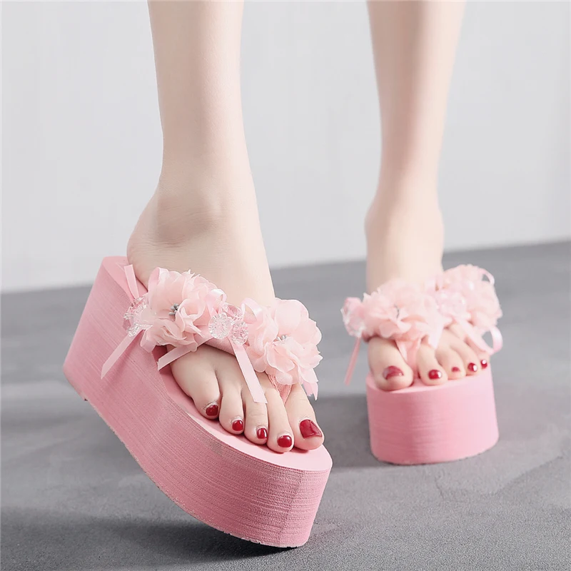 

Shoes Slippers Heels Flower Luxury Slides On A Wedge Jelly Flip Flops Platform Summer Clogs Woman Female Tap High Designer Soft