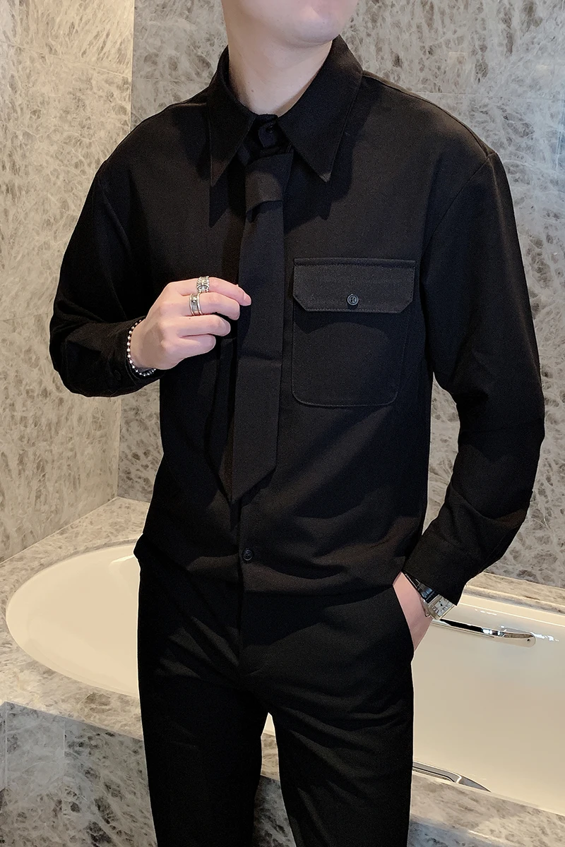 

Shirts for Autumn Men Solid Color Korean Style Long-sleeved Casual Shirt Fashion Tie Shirt Male Streetwear Social Party Blouse