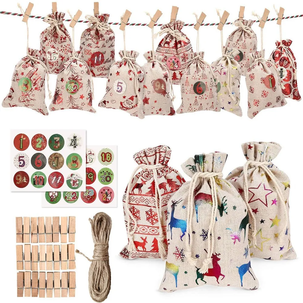 

24pcs Christmas Advent Calendar Bags Set DIY Burlap Countdown Advent Calendar Drawstring Gift Bags with Clips Paper Stickers