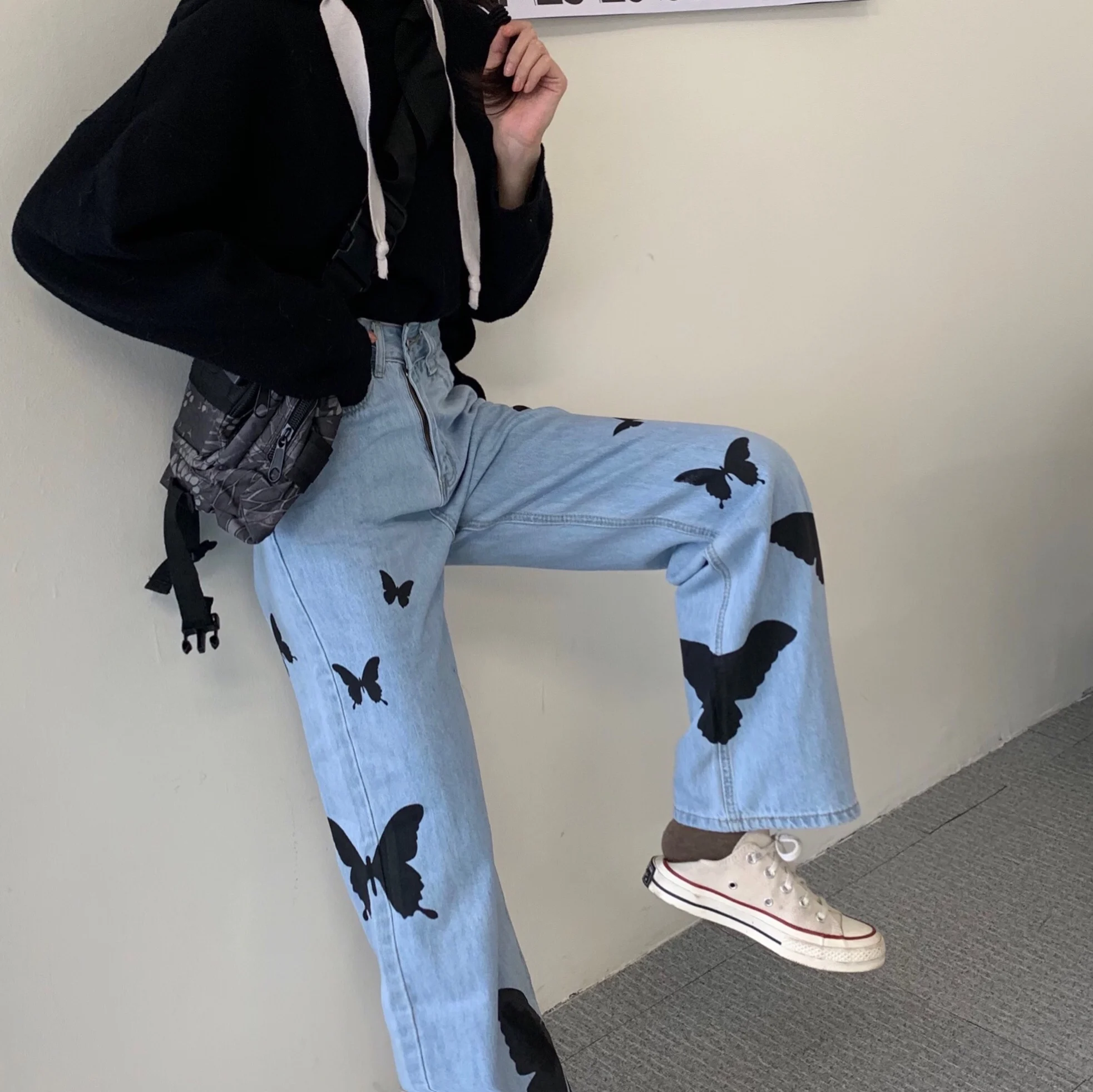 

S- 5XL Harajuku Butterfly Print Jeans goth Aesthetic High Waist Pants Streetwear Grunge Chic Oversized Women Denims Pants